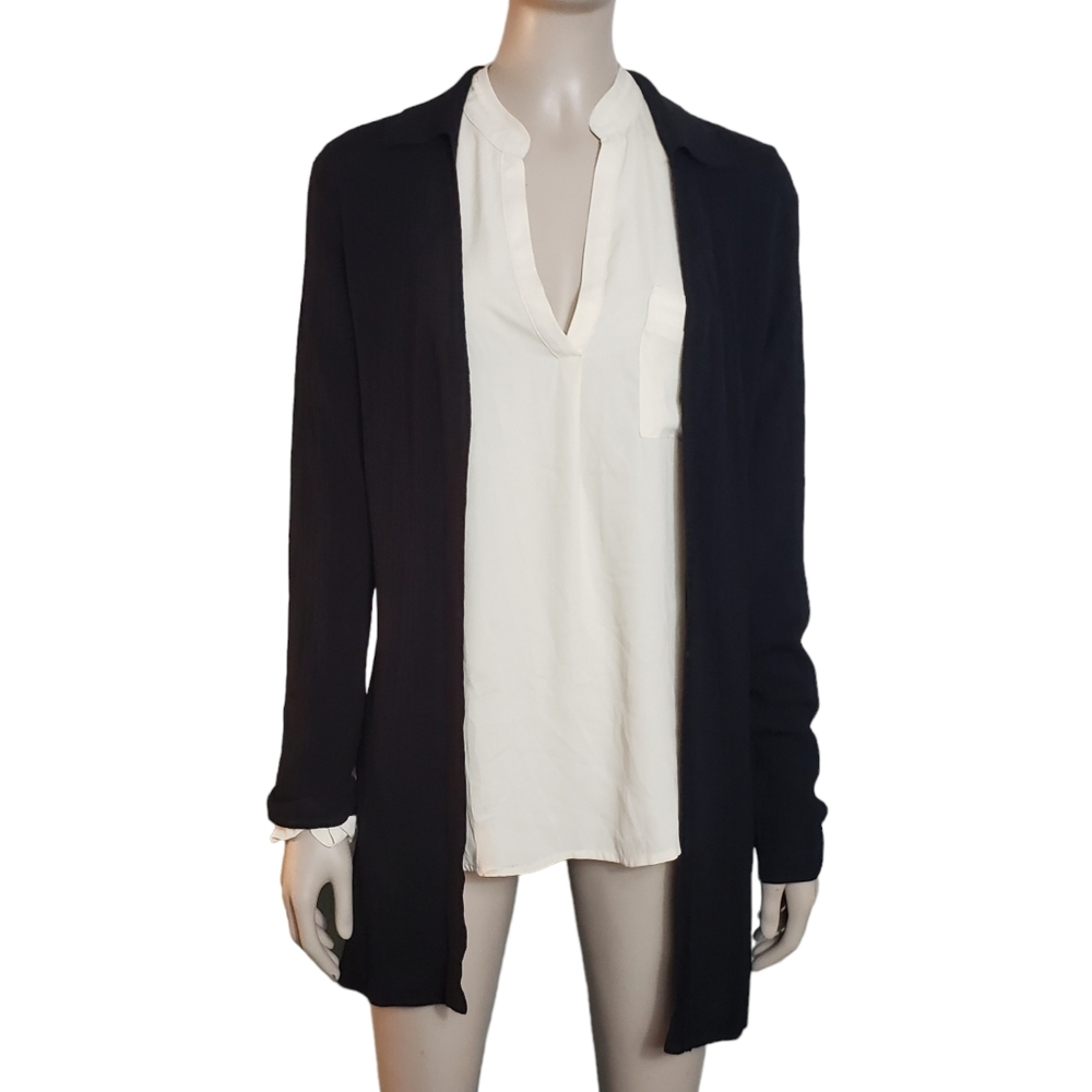 Max Studio Silk Blend Open Front Long Cardigan Womens M Black Rib Knit Collared